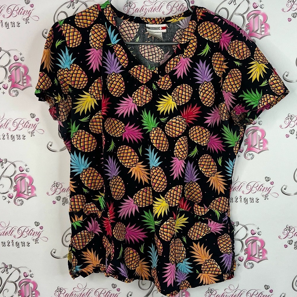 WHITE cross scrub top rainbow neon bright Multicolor Pineapple Print Top nurse